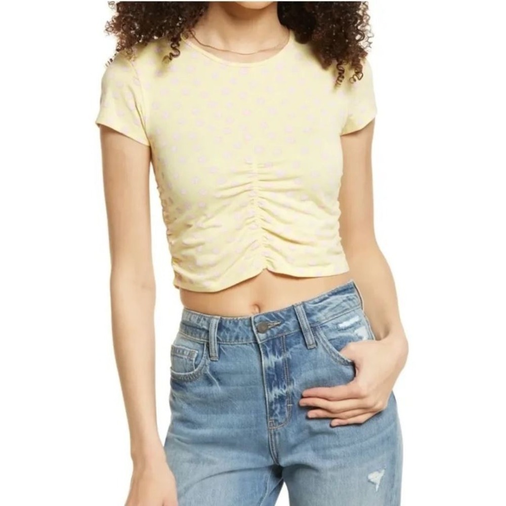 BP. Women's Ruched Organic Cotton Floral Short Sleeve Crop Top Yellow/Pink Small